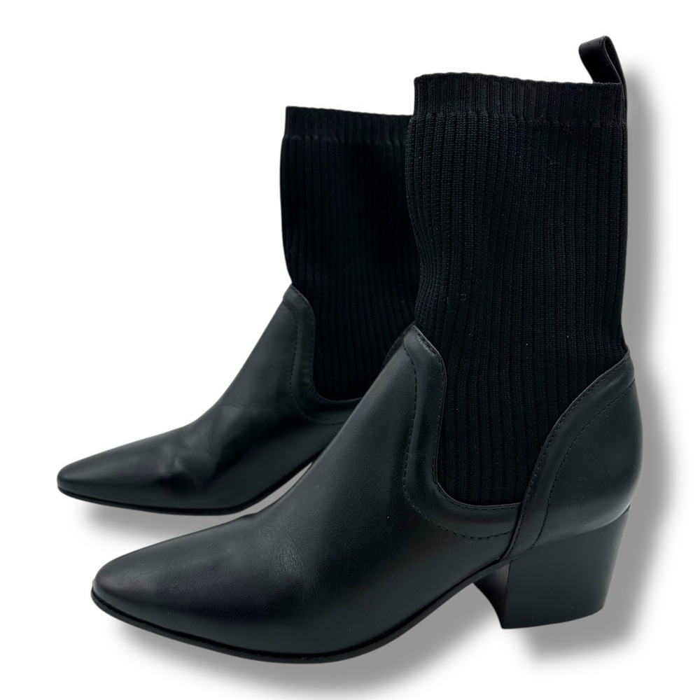 Schutz Camille Black Leather Knit Sock Ankle Boots Pointed‎ Toe Block Heel  6B